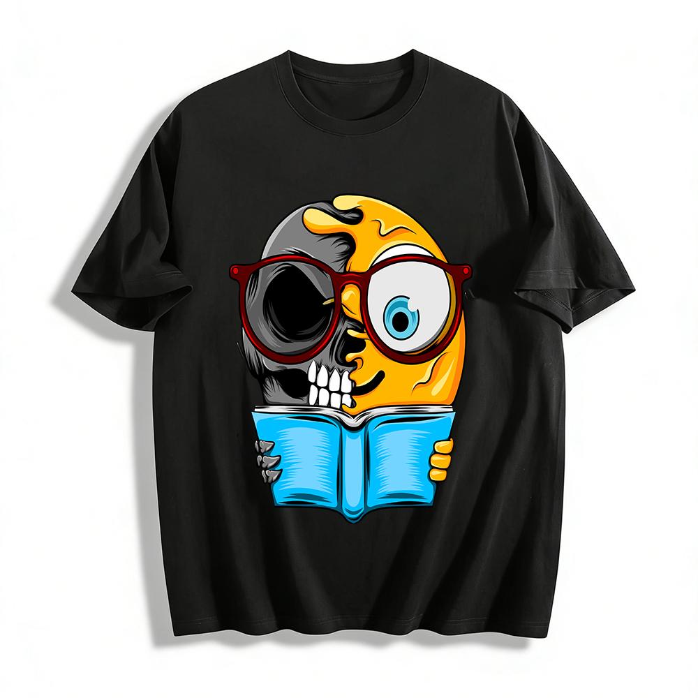 Skull Half Emoji Reading Print Casual Novelty Graphic Tee Pure cotton T-shirt XXS