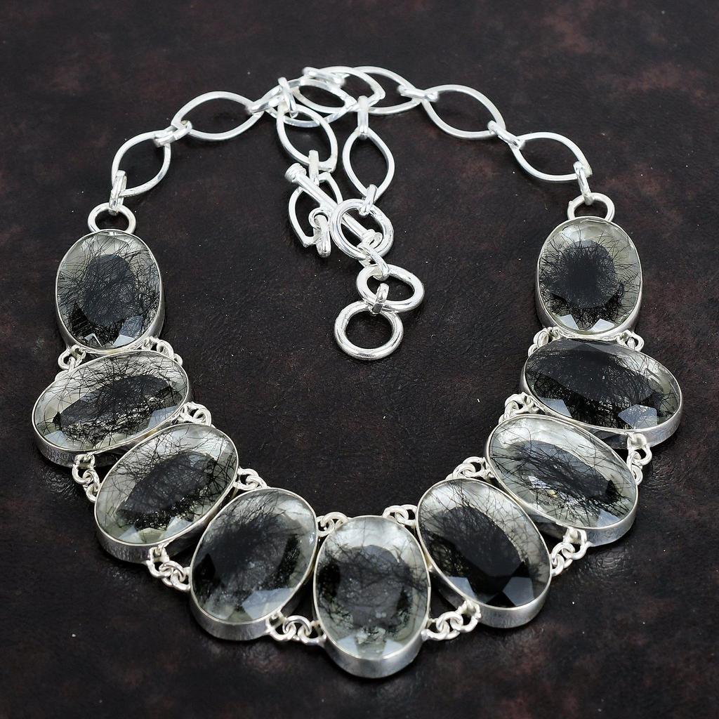 Faceted Black Rutile Gemstone Necklace 925 Sterling Silver Necklace Adjustable Chain Necklace Handmade Necklace Gifts for Her Silver Jewelry