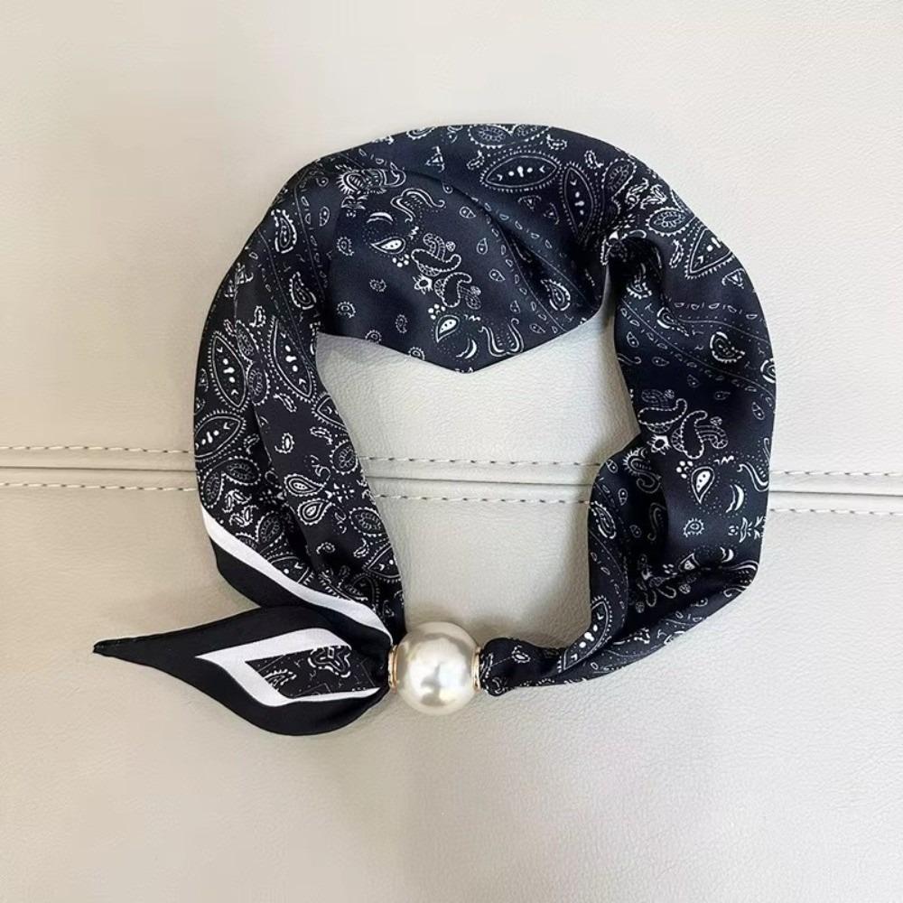 

Chic Pearl Decoration Scarf Lightweight Silk Scarf Fashionable Lazy Scarf Office Wear Black