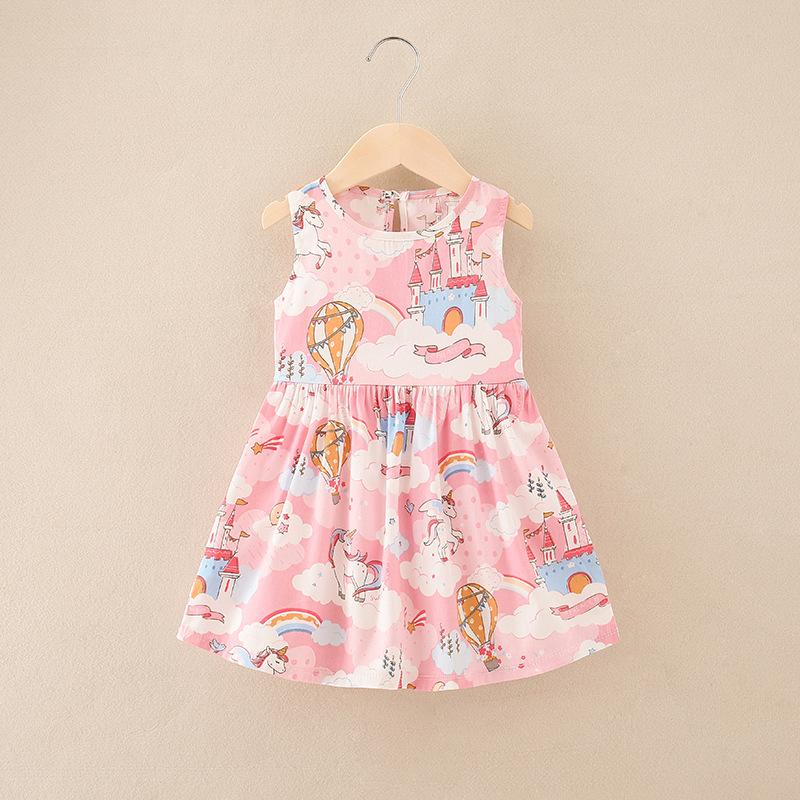 Girls Pink Castle Print Cotton Spaghetti Strap Dress Summer Princess Beach Sundress For Kids Children Clothing 90cm