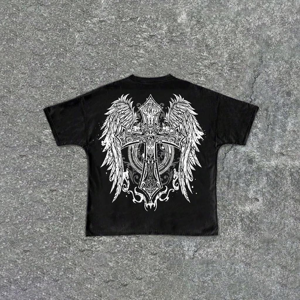 Men's Minimalist Gothic Cross Graphic Tee, Small Chest Print Casual Streetwear T-Shirt