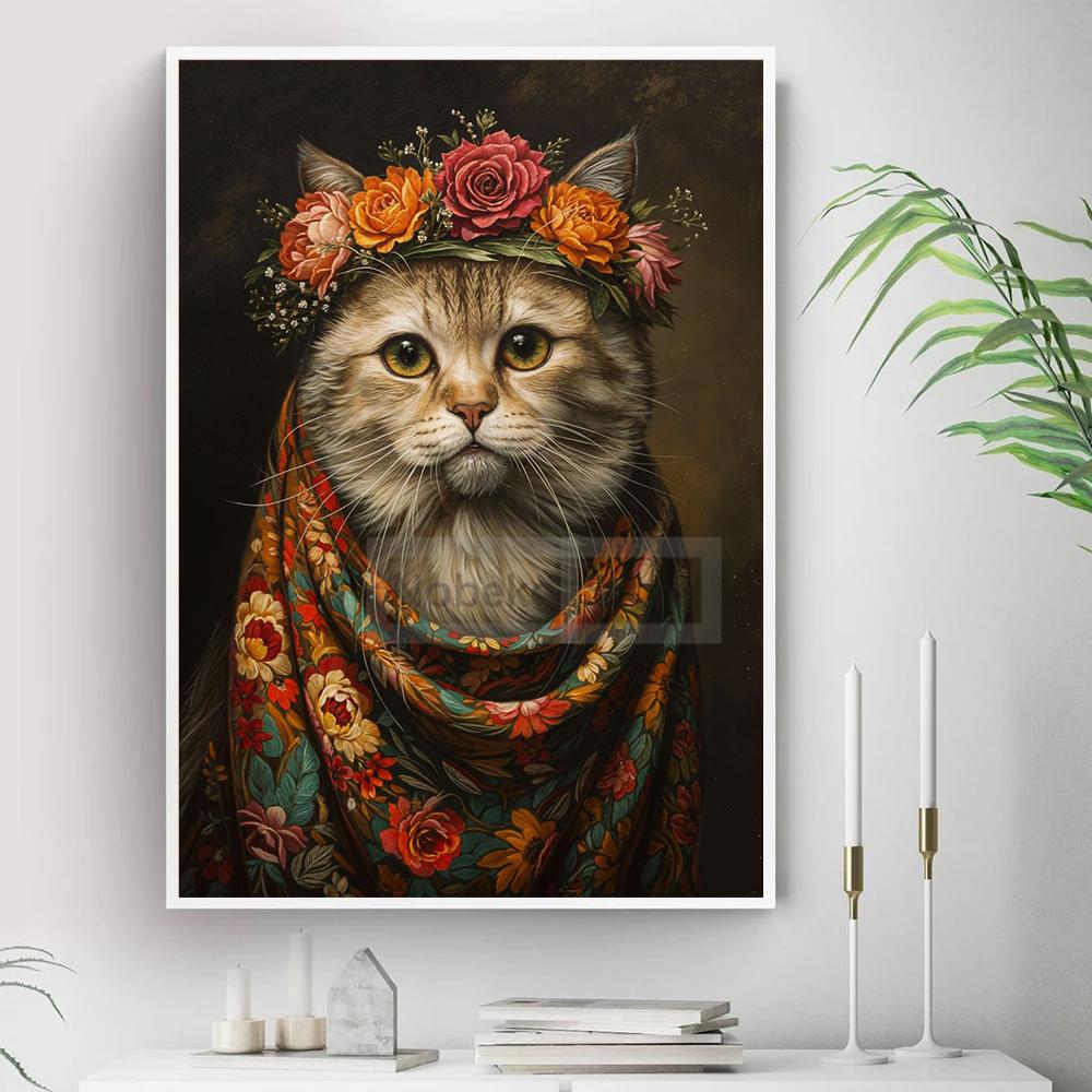 Vintage Animal with Flower Poster Dog Cat Rabbit Raccoon Garland Prints Canvas Painting Wall Art Pictures Home Room Nature Decor