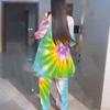 Women Plus Size Two Piece Coordinated Outfit Round Neck Three Quarter Sleeve Irregular Hem Top Printed Wide Leg Trousers