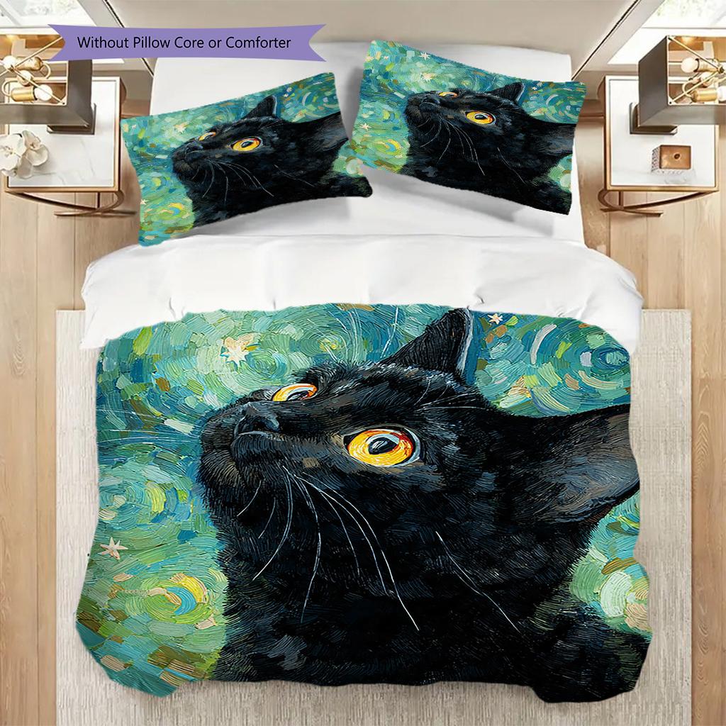 Black Cat Pattern Bedding Quilt Set Quilt Cover Pillowcase Home Decoration Birthday Gift (1 * duvet cover + 2 * pillowcase, without core)