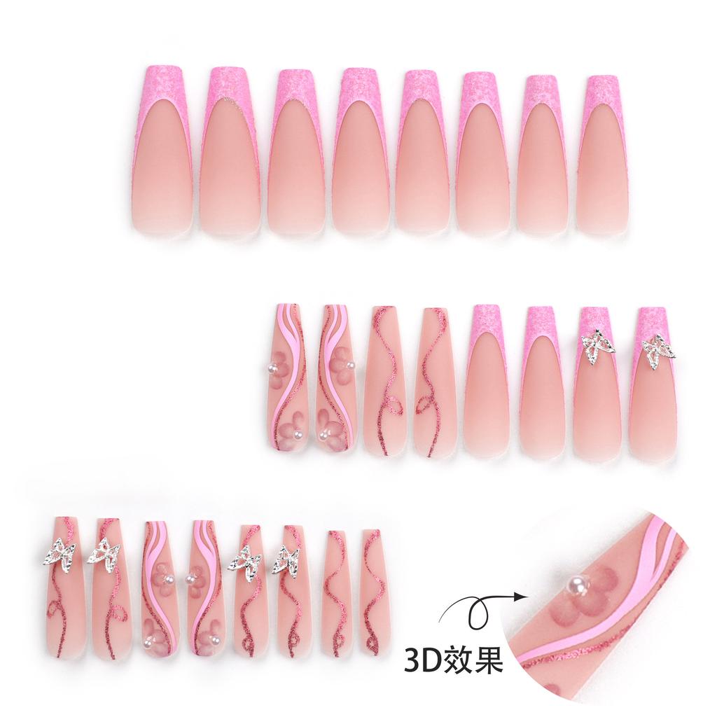 3D Three-dimensional European and American Style Nails Silver Butterfly Glitter Fake Nails Pink Flower Pearl Nail Art