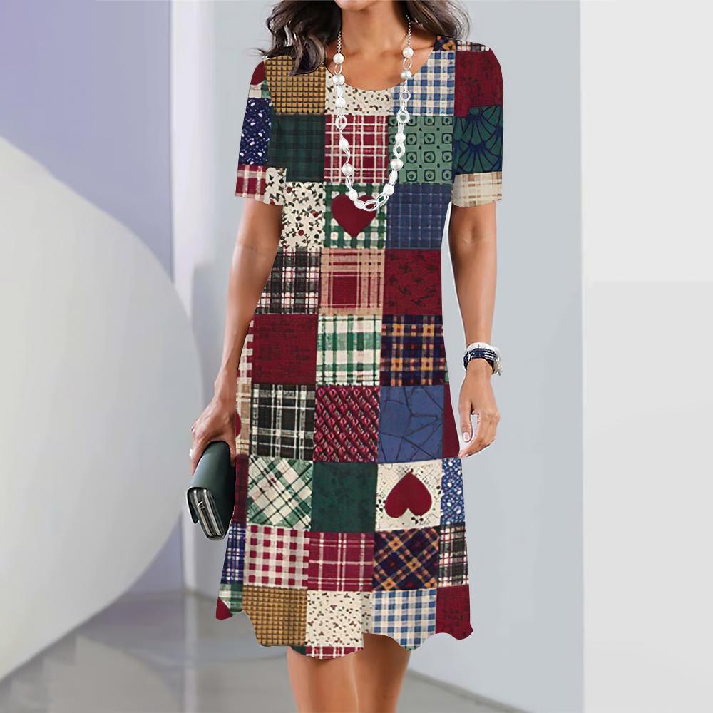 New Plaid Graphic Print Dresses For Women Elegant Dresses Summer Medium Length Dress Plus Size Female Fashion