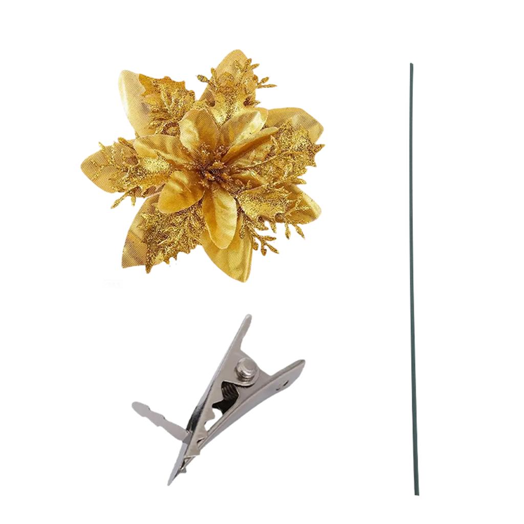Glitter Poinsettia 5.5 Inch Artificial Flower Christmas Clip Stem Christmas Tree Ornaments For Wedding Party Wreath Decoration
