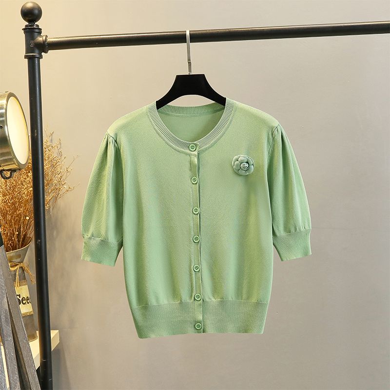 

Районный вязаный тонкий топ с круглым вырезом и рукавом три четверти, рубашка для кондиционирования воздуха