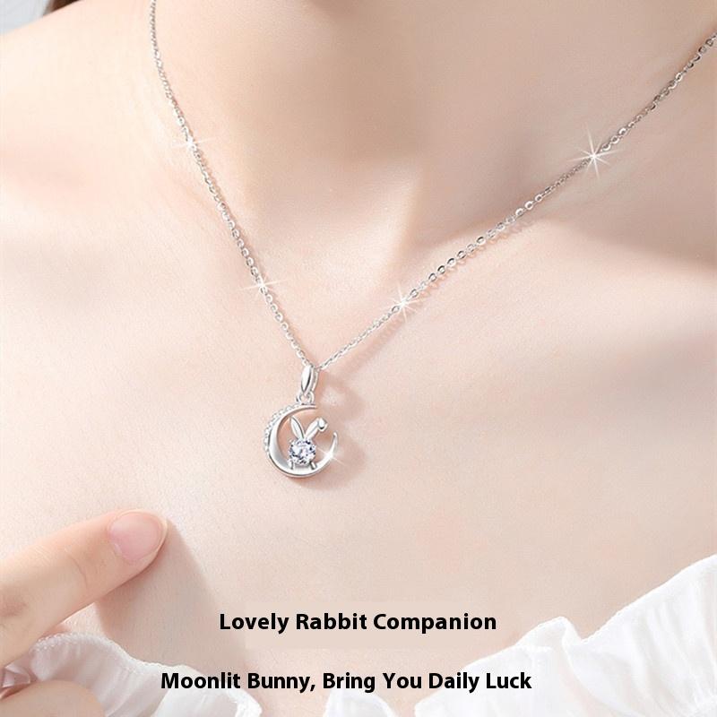 925 Sterling Silver Moon Jade Rabbit Necklace Women's New One-carat Mozzarella Rabbit Versatile Pendant Birthday Gift