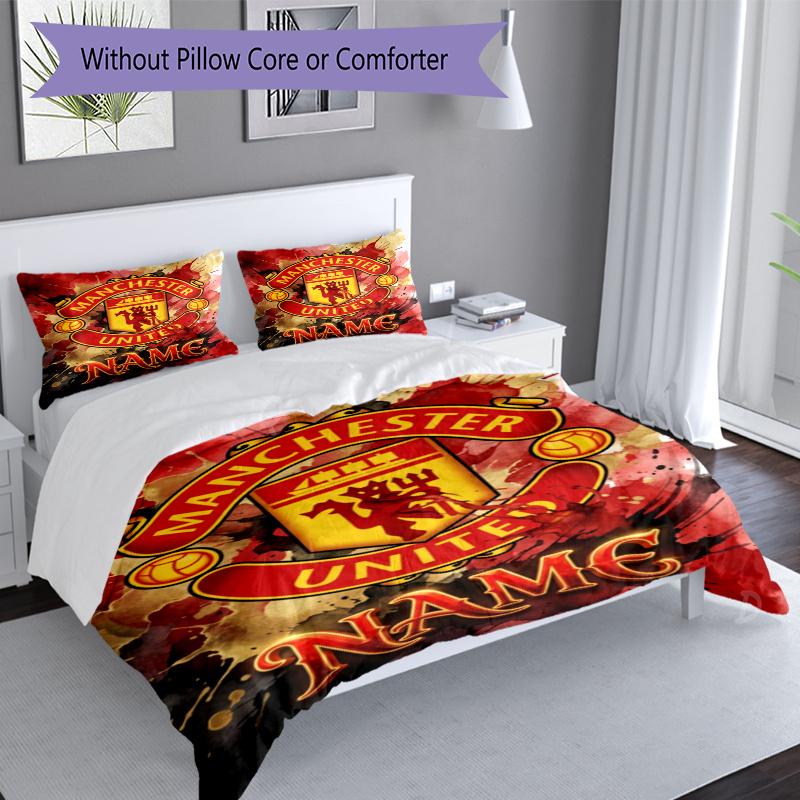 Manchester Football Logo Personalized Name Bedding Set,Breathable Bed Linen for Guest Room Decoration,Perfect Housewarming Gift,All Season Duvet Cover