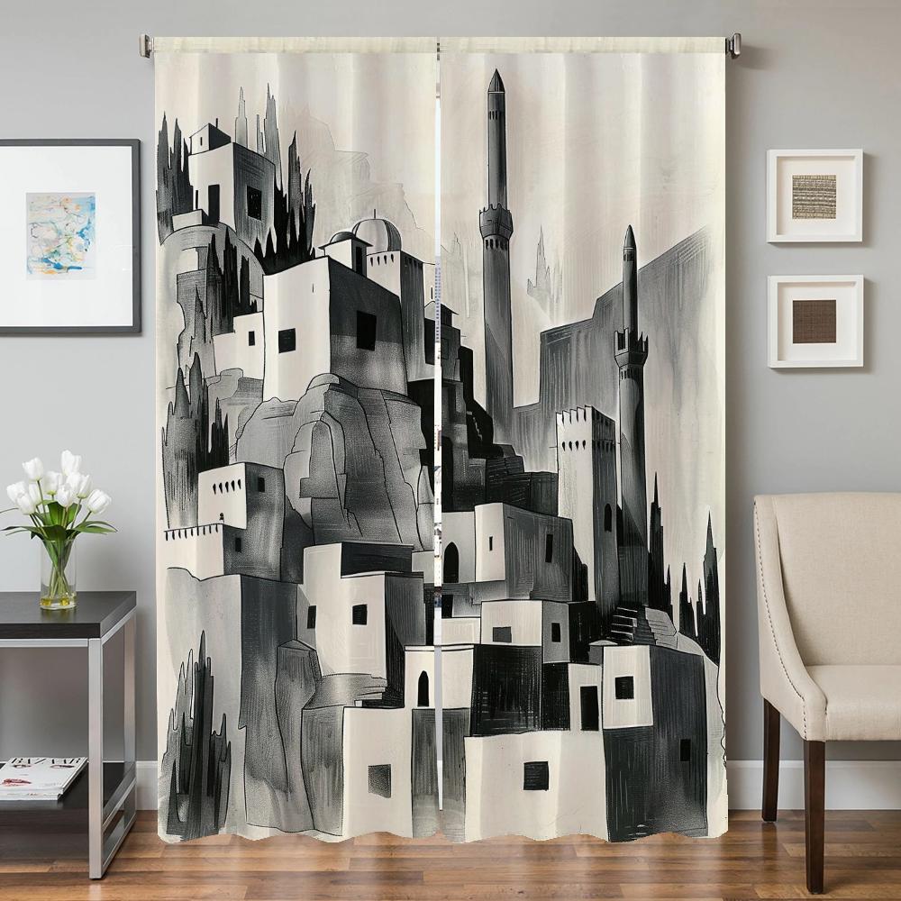 Kitchen Curtains for Living Room 2 Pieces Blackout Curtains Door Curtain Ancient Architecture Partition Bedroom Decoration Shade