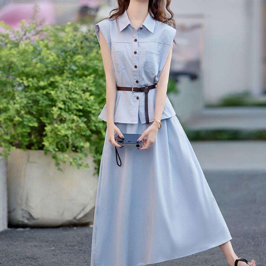 Women's Summer 2026 Stylish Sleeveless Shirt & Skirt Set - Elegant and Beautiful