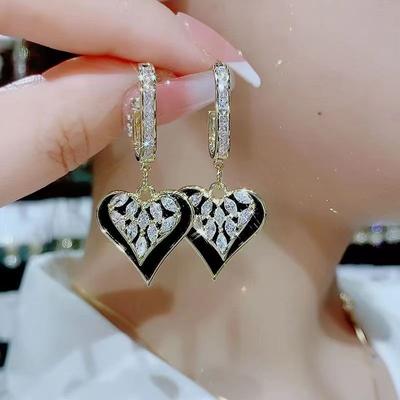 S925 Silver Pin Black Stone Hollow Love Earrings Zircon Alloy Earrings