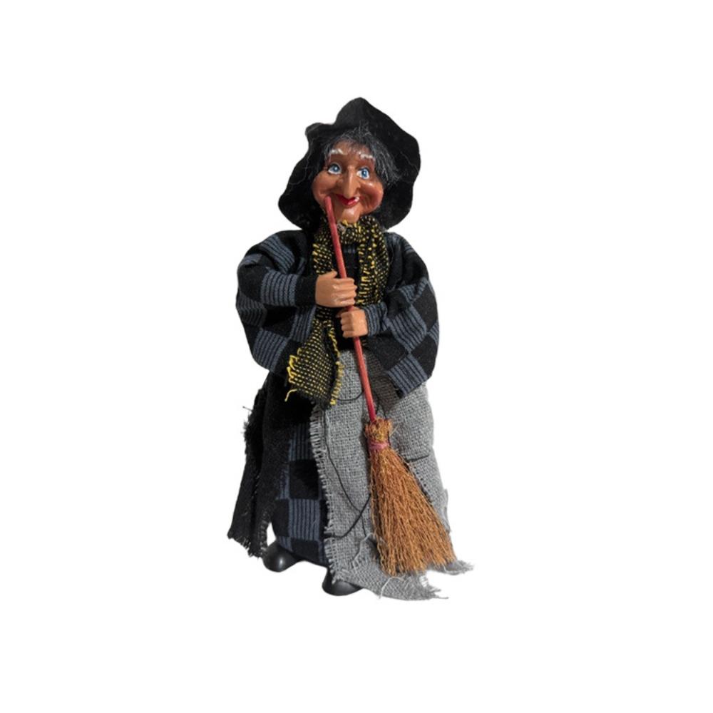 Halloween Plaid Apron Witch with Broom Ornament, Cute Ornament, Room Atmosphere Prank Decoration, 3 Pcs