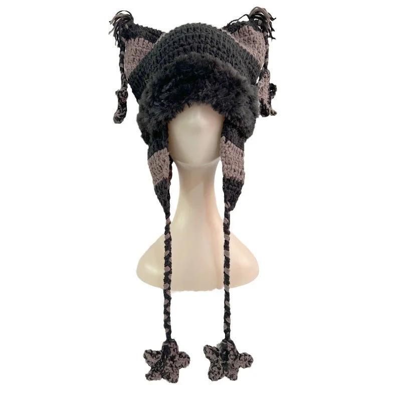 Japonský designér Pentagram Čepice Beanie Dámská Podzim Zima Teplá Ochrana uší Ručně pletená čepice Kočičí uši Pruhovaná čepice Y2K