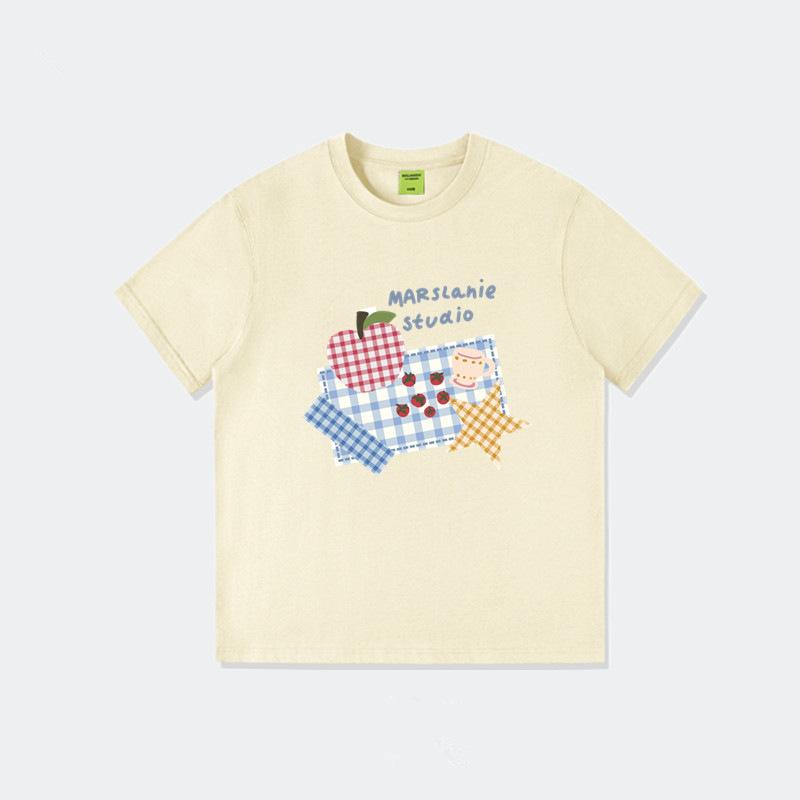 Pure cotton European goods American retro short-sleeved t-shirt women's summer loose fat mm lazy niche design half-sleeved top
