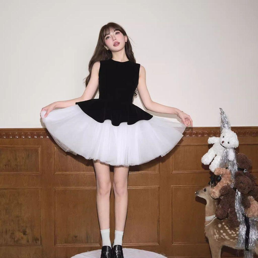Basic Polyester Spliced Princess Dress With Puff Sleeves For Summer 2025