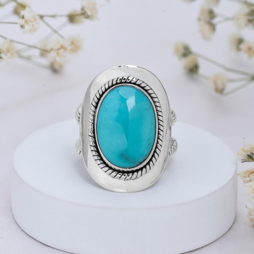 Sterling Silver Turquoise Ring - Oval Blue Gemstone Statement Ring with Rope Border - Boho Southwest Style Women's Jewelry