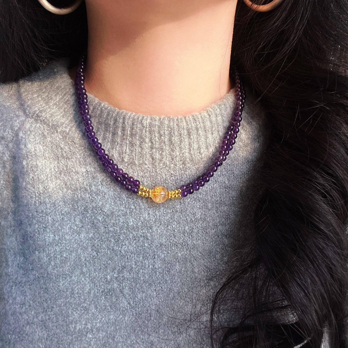 

Vintage Boutique Natural Amethyst Citrine Cross Design Sweater Chain Necklace Collarbone Chain Women