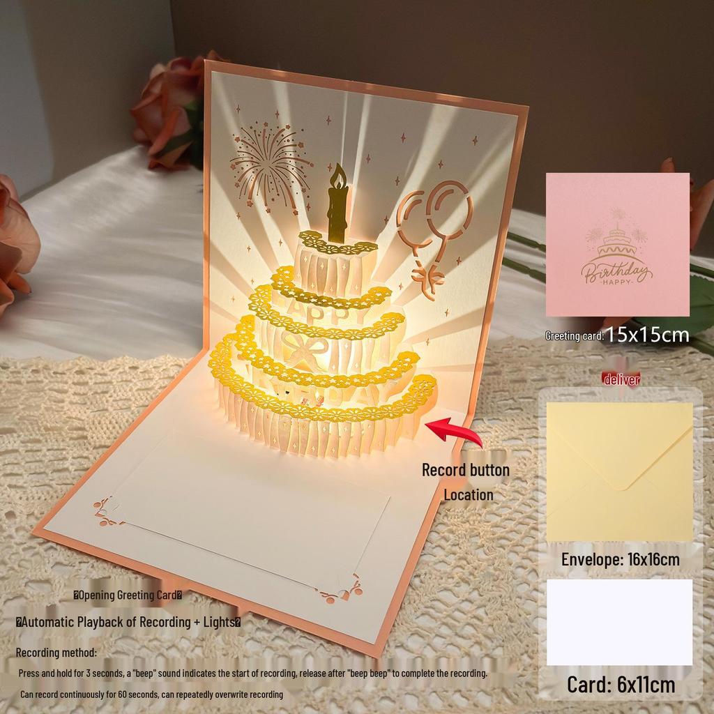 Dźwiękowa kartka urodzinowa 3D Pop-Up ze światłem do nagrywania - Wzór tortu na prezent dla chłopaka/dziewczyny