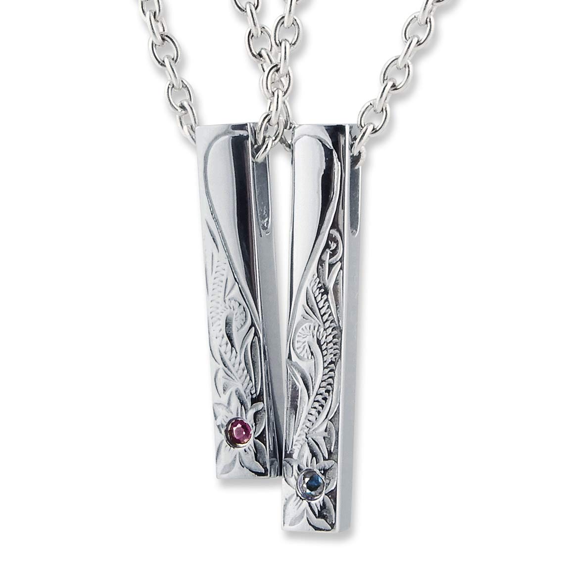 

Hawaiian Jewelry Hawaiian Pair Necklace Stainless Steel Ruby Sapphire Heart Stick Plumeria Scroll with Azuki Chain [Alohalokahi]