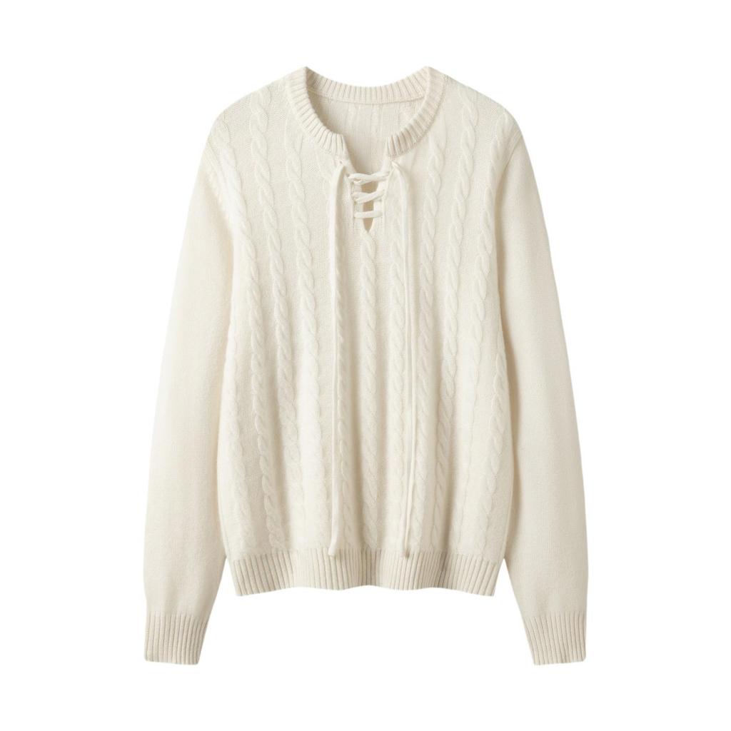 Lekasha Women's Cashmere Cable Knit Base Layer - Autumn/Winter, Seven-Gauge, Lace-Up, Loose Fit, Thick Round Neck.