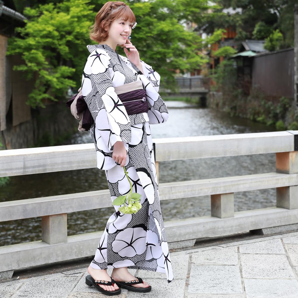 Adult Plus Size Yukata Set with Separate Set Large Morning Glory Pattern with Shibori Sizes Women's Obi, 3-Piece (3. Pattern, 4L-5L)