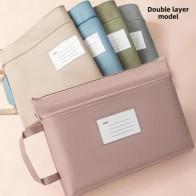 A4 Large Capacity Document Folder, Morandi Oxford Cloth File Organizer with Double Zipper for Office Storage