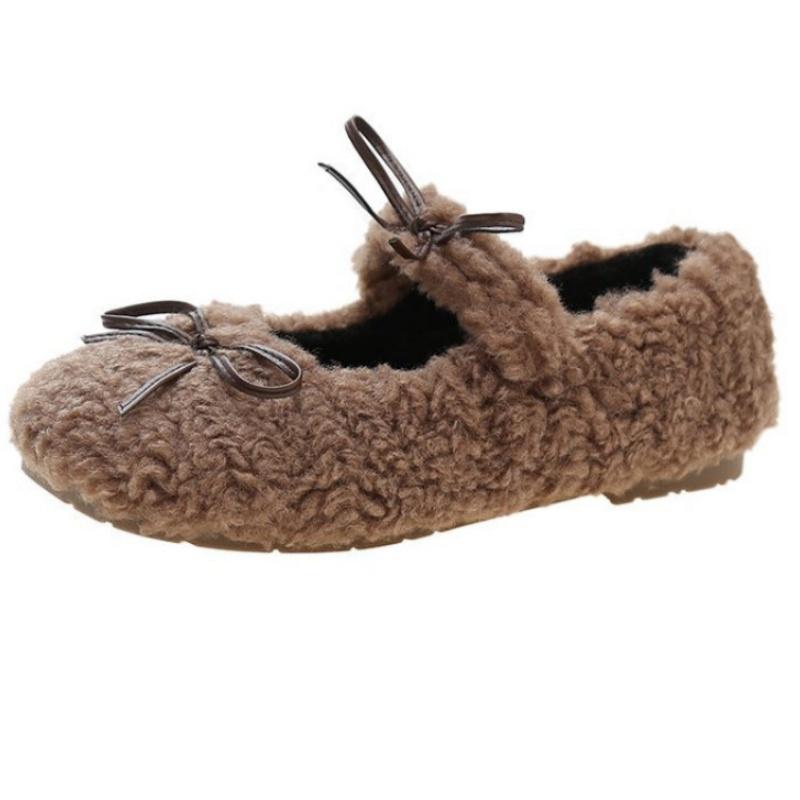 

Fashion Winter Wool Lamb Women Flats Shoes 2025 Fashion Shallow Slip On Ladies Flats Butterfly Knot Indoor Warm Soft Sole Women Shoes 39 коричневый