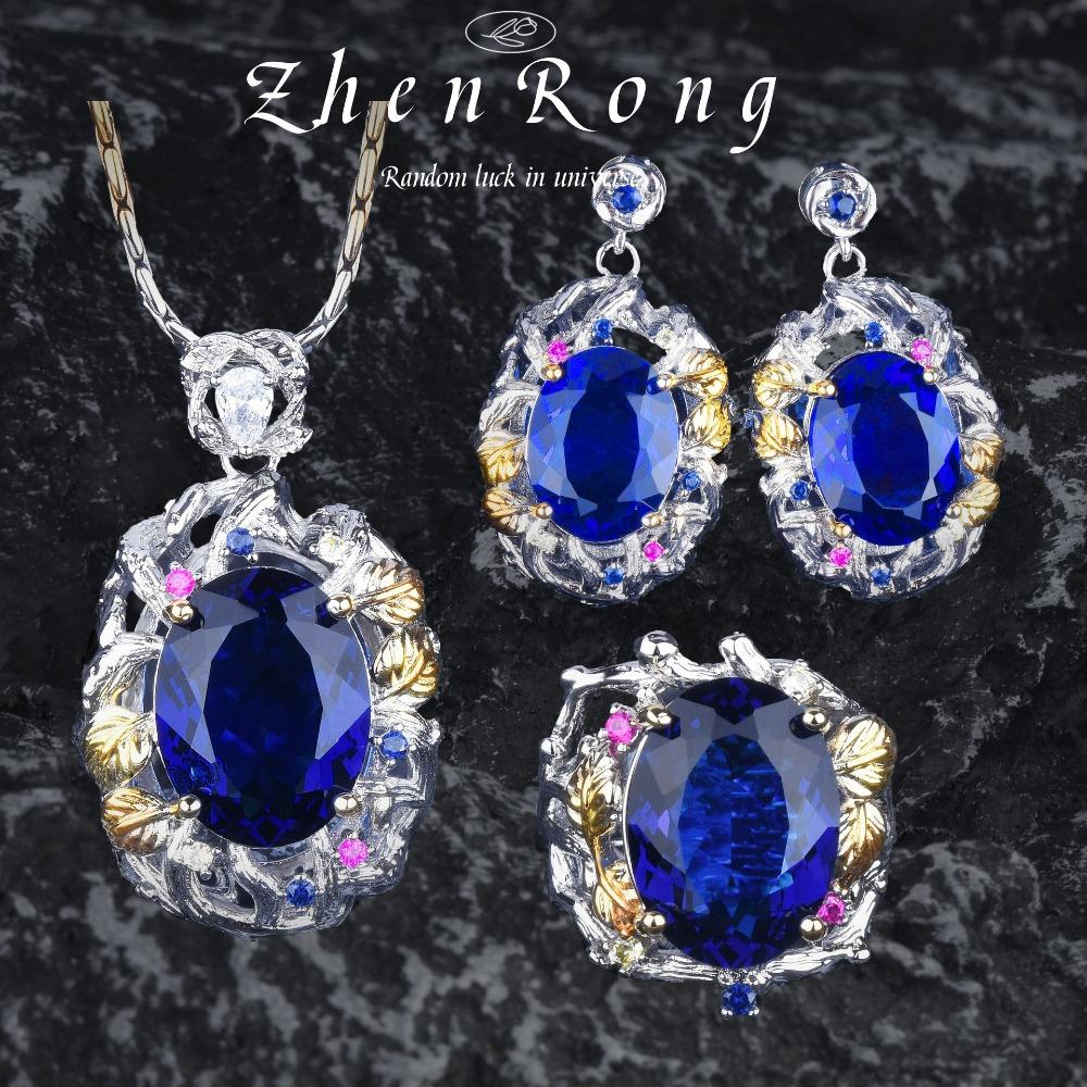 Charm Ladies Jewelry Italian Crafted Royal Blue Gem Set with Dual Gold Plating Necklace Earrings Open Ring