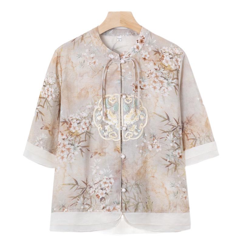 2024 New Chiffon Short Sleeve Blouse - Chinese Style Spring/Summer Top for Middle-Aged Women