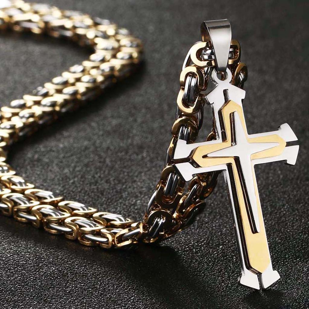 Three Layers Knight Cross Pendants Necklace for Men Stainless Steel Byzantine Link Chain Necklace Male Punk Jewelry Gift