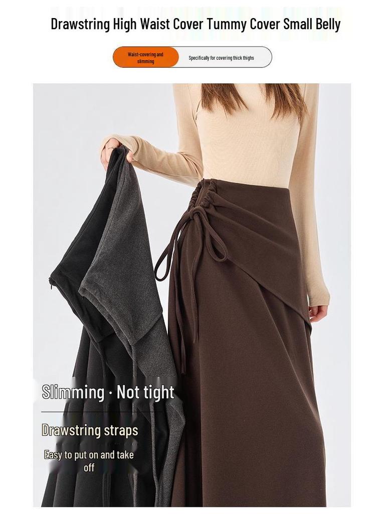 2025 New Design Women's Irregular Gray Woolen A-Line Tie-Up Long Skirt for Autumn/Winter