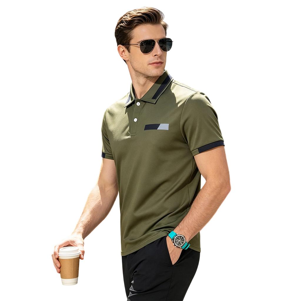 Men's Short Sleeve Polo Shirt Classic Fit Button Down Collar Pocket Design Casual Lightweight Breathable Top for Daily Wear