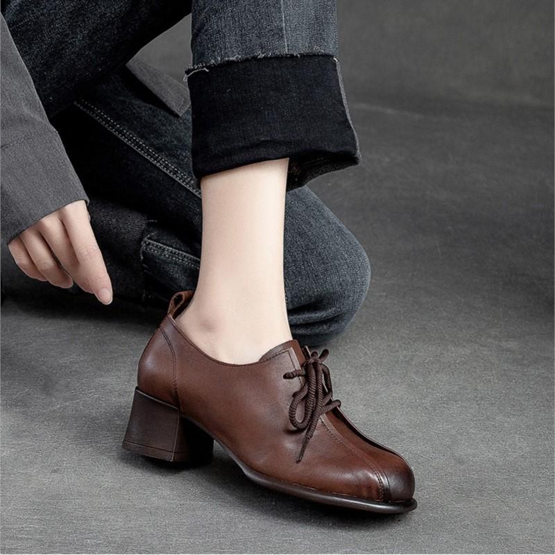 Johnature Retro Women Shoes Med Heels Solid Color Pumps Genuine Leather Round Toe Handmade Lace-up Shoes