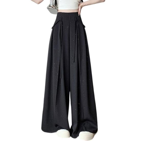 Damen Hose Hohe Taille Verstellbarer Kordelzug Oversized Weites Bein Hosen Einfarbige Glitzer Design Freizeithose