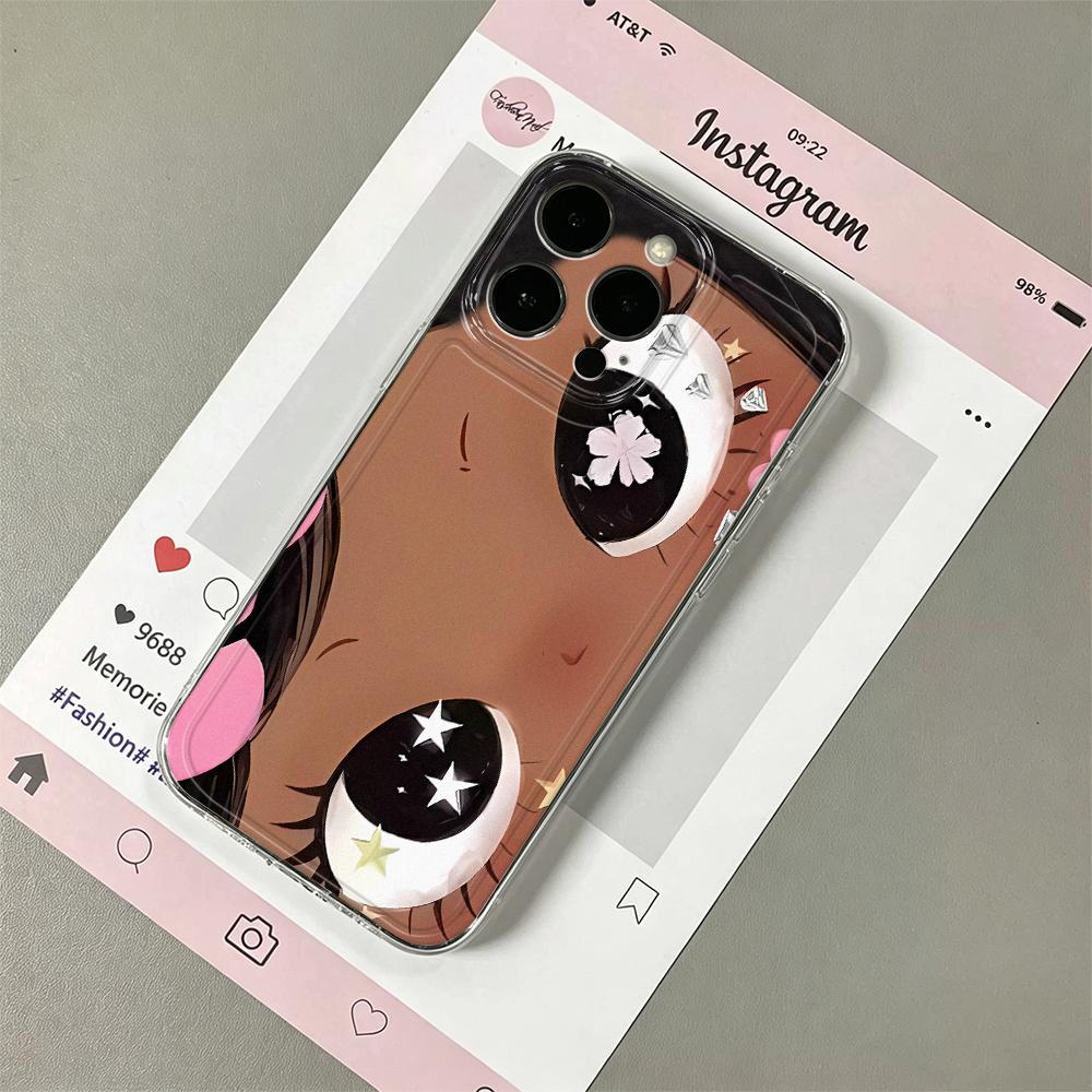Fashion Stripe Anime Big-Eyed Girl Silicone Case For Iphone 13 16 Plus 12 15 11 17 14 Pro Max Trendy Striped Cover