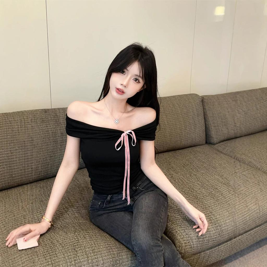 Bow Off-the-shoulder Short-sleeved T-shirt for Women's Summer Pure Desire Spice Girl Sexy One-word Shoulder Small Top Unique and Beautiful