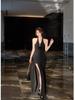 French Spice Girl Temperament Neck Red Neck Dress Women's Summer Chic Three-dimensional Flower Split Dress Long Dress