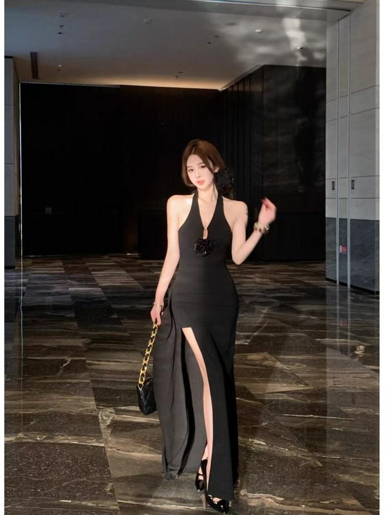 French Spice Girl Temperament Neck Red Neck Dress Women's Summer Chic Three-dimensional Flower Split Dress Long Dress