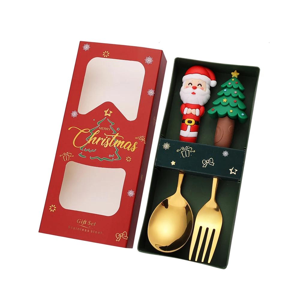 Christmas Dinnerware Stainless Steel With Luxury Gift Box Tableware Dessert Fork Coffee Spoon Santa Cutlery For Christmas