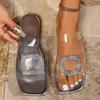 Women's Shoes 2024 Hot Sale Open Toe Women's Slippers Summer Modern Slippers Women Crystal Square Button Flat Square Toe Sandals