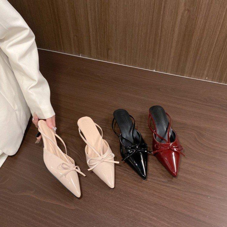 2025 spring new French bow pointed kitten heel high heels bag head cool slippers low heel empty single shoes
