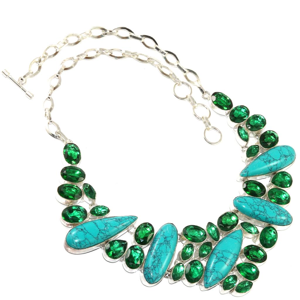 Tibetan Turquoise Emerald Gemstone Silver Jewelry Necklace 16-18''