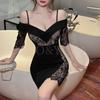 Coco and Yuka Lace Mini Open Floral Padded Size Women's V-Neck Off-the-Shoulder Dress, Hostess/Club Dress, Sexy, Back, Print, (Black, L)