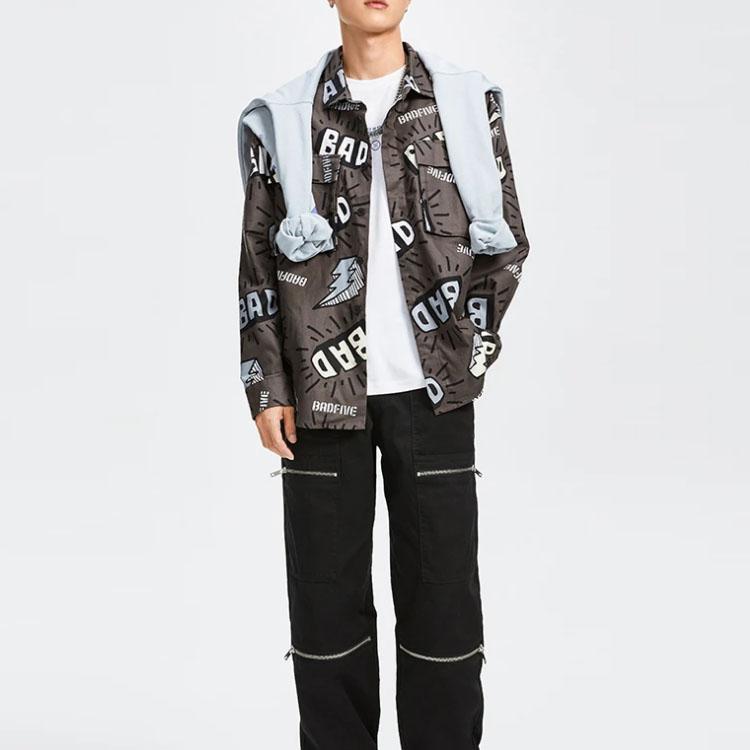 Li-Ning Cartoon Allover-Print Lockerer Schnitt Sport Langarmshirt Herren Hemden Schwarz Grau ASHR079-2