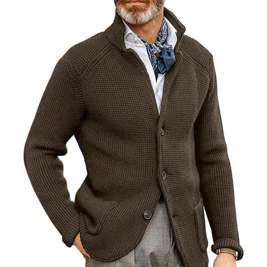 Stand Collar Long Sleeve Pockets Thickened Sweater Coat Men Autumn Winter Solid Color Buttons Placket Knitted Outerwear
