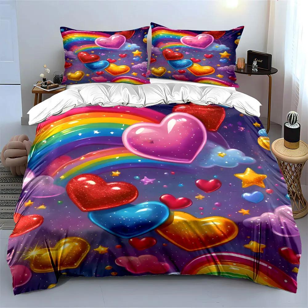 Rainbow Heart Star Decoration Set Soft Comfortable Duvet Cover Bedding Set Included 1*Duvet Cover & 2*Pillowcases gift