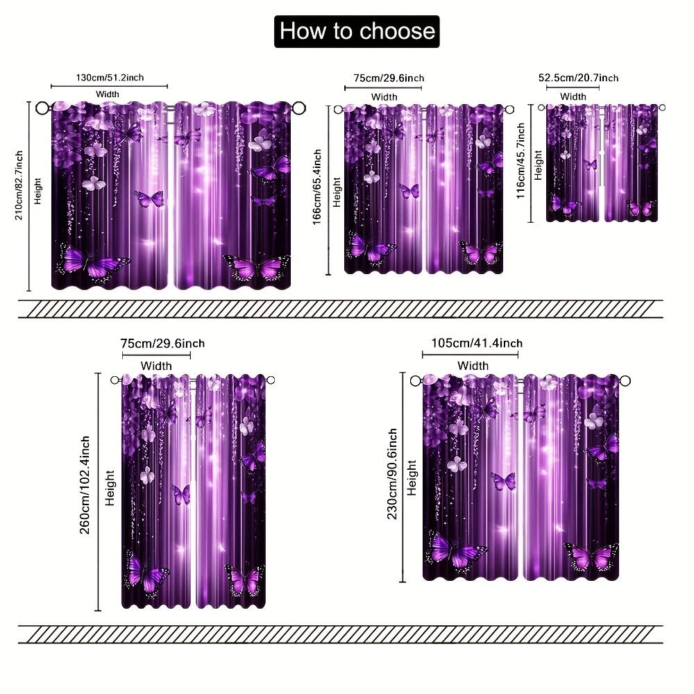 2pcs Purple Butterfly and Floral Print Curtains – Ideal for Artistic Decoration In Bedroom Living Room and Office