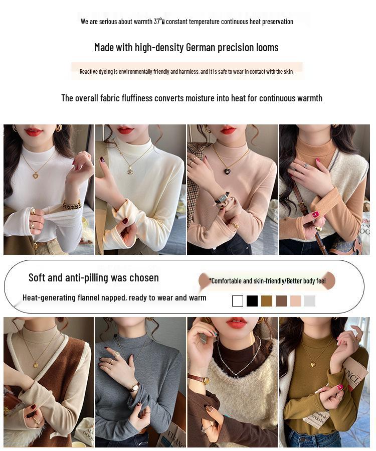 Velvet Semi-High Neck Long Sleeve Women's Modal Base Layer T-Shirt - Slimming White Autumn/Winter Fashion Top